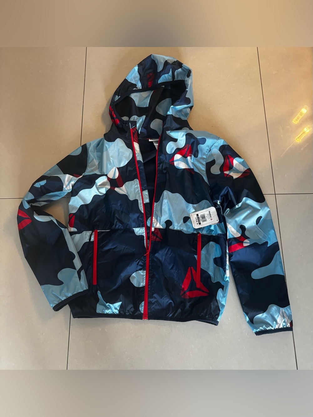Reebok Navy and Light Blue Camo Windbreaker with Red Accents